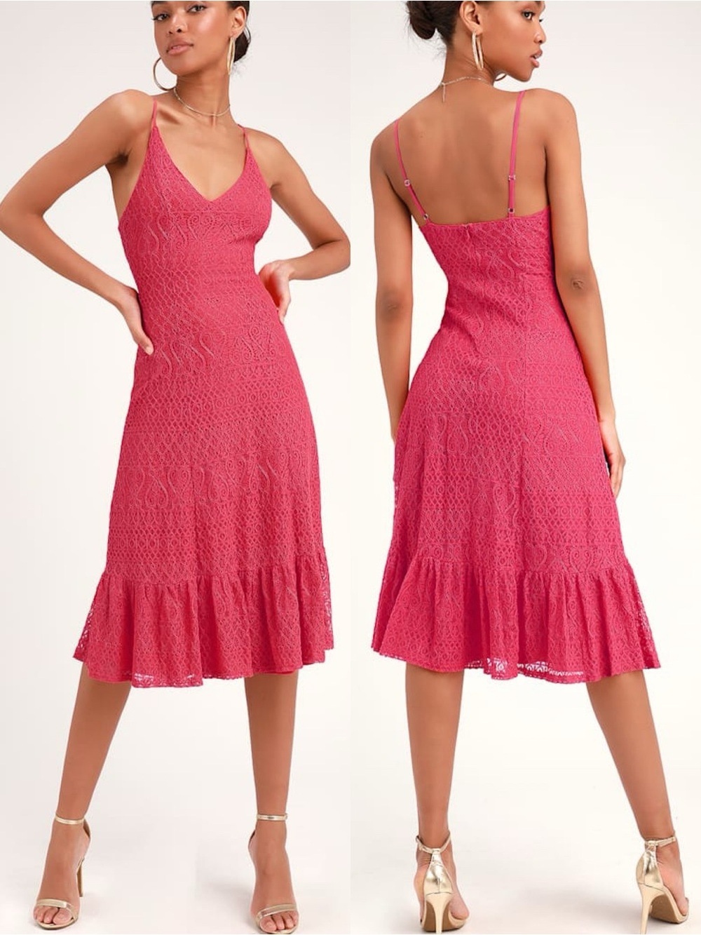 Lulus | Happy Glow Lucky Magenta Lace Midi Dress
